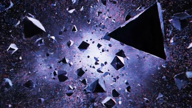 Exploding celestial asteroid fragments toward bright center