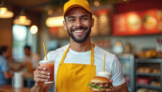 Smiling waiter in yellow apron offers burger and drink. Quick service at fast food restaurant. Happy worker provides food order for happy customers.