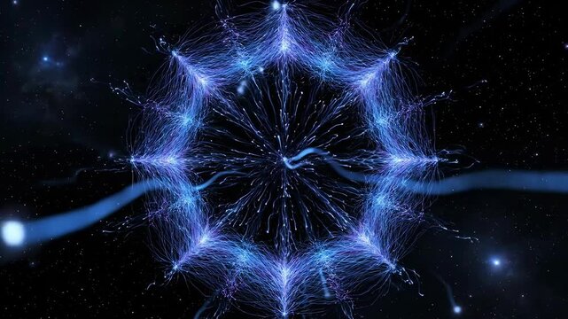 Pulsating blue energy hexagon in cosmic space with radiating light tendrils