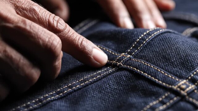 Close-up shot of hands pointing at detailed stitching on dark denim fabric in slow motion