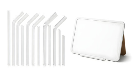 Collection of reusable drinking straws and a blank digital tablet stand