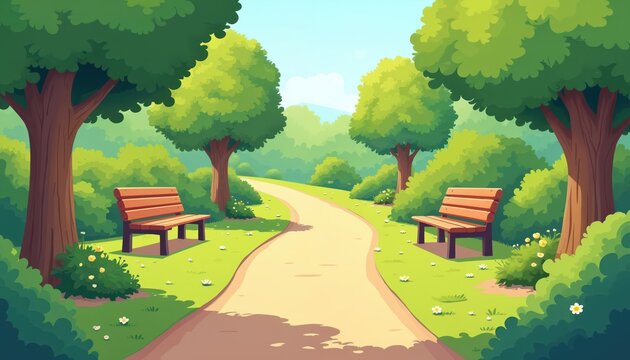 A winding path leads through a green park with benches under large trees. Lush bushes and small flowers dot the grassy landscape. Sunny day in nature.