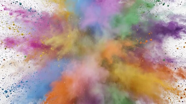 This vibrant, high-speed capture showcases a mesmerizing explosion of colorful powder, scattering outwards against a pristine white background. Brilliant hues of magenta, yellow, blue, green, and oran