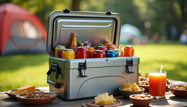Open cooler box full of colorful beverage cans and bottles sits on wooden table. Snacks and juice nearby. Tents visible in blurred background park. Outdoor picnic party supplies.