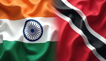 Indian and Trinidadian flags wave together showing national unity and strong diplomatic ties. Combined country symbols represent partnership and global relations.