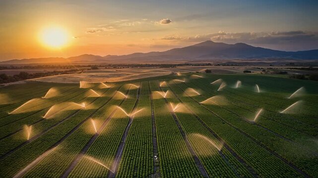 Stunning sunset over lush fields with irrigation sprinklers, perfect for agriculture and nature enthusiasts
