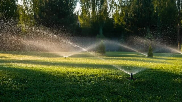 Beautiful lawn irrigation system with sparkling water droplets in sunlight for landscaping