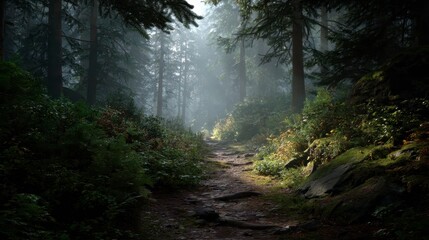 Obraz premium A winding dirt path leads through a lush, verdant forest, bathed in ethereal light with dense trees on either side