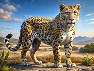 Naklejka premium A large spotted leopard standing on a rock in a savannah landscape