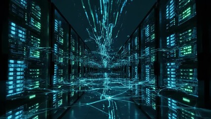 Neon light trails in futuristic data center reflecting highspeed digital connections - Powered by Adobe