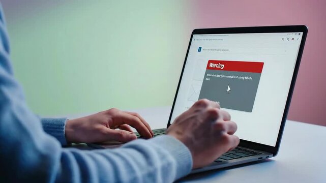 Person working on laptop with error message on the screen.