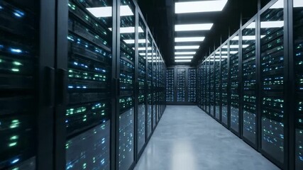 Hightech data center corridor with row of flashing server racks under bright led lights - Powered by Adobe