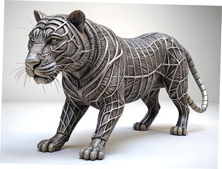 Obraz premium Intricately designed silver tiger sculpture with ornate patterns and details