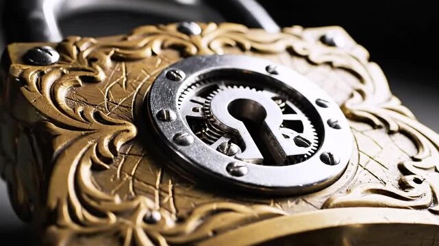 Close-up of an ornate brass padlock, with floral engravings framing a circular keyhole, ornate aged