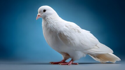 Pure white domestic bird stands in profile against a deep blue background