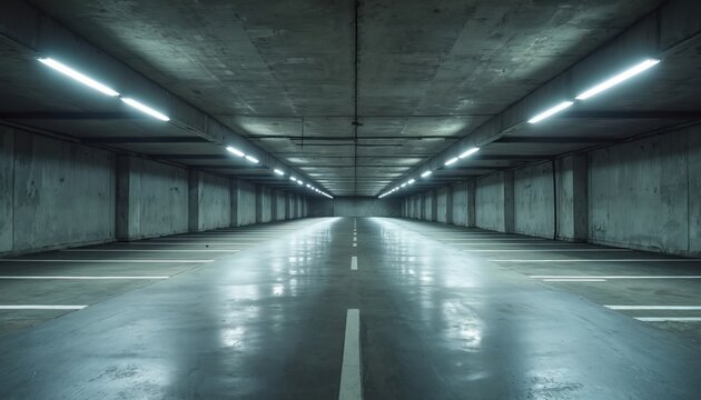 Vast empty parking garage interior with bright fluorescent lights extending into distance. Concrete walls and floor create raw industrial atmosphere. Lined parking spaces await vehicles.