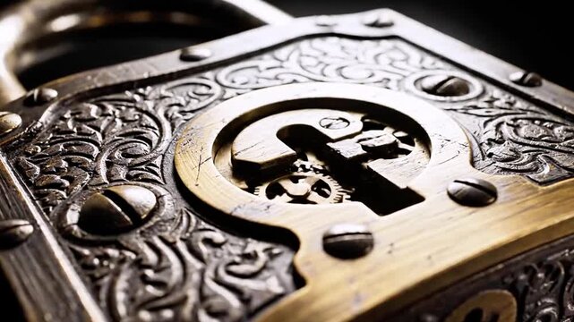 Antique metal lock with intricate floral engravings, worn brass sheen, and central keyhole. in frame