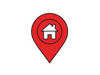 Red map pin icon with a house symbol representing a home address, real estate property, or destination point for GPS navigation
