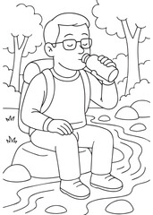 Coloring Book Dad drinking water beside a river