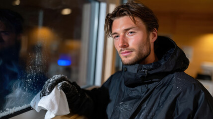 Obraz premium A young man meticulously cleaning frost off a window, showcasing a serene winter setting. The window reveals the beautiful snowy landscape outside, symbolizing winter's chill.