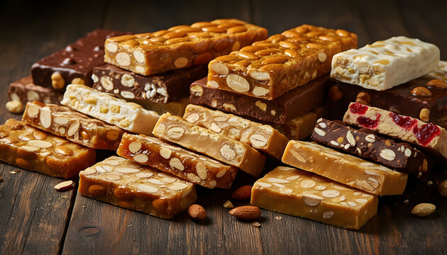 Stacked assortment of traditional holiday nougat and turr&oacute;n candies