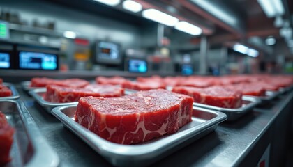 Fresh meat cuts displayed in metal trays within modern butcher shop. Digital screens show information about food safety, product quality. Suggests advanced technology used for retail meat sale,