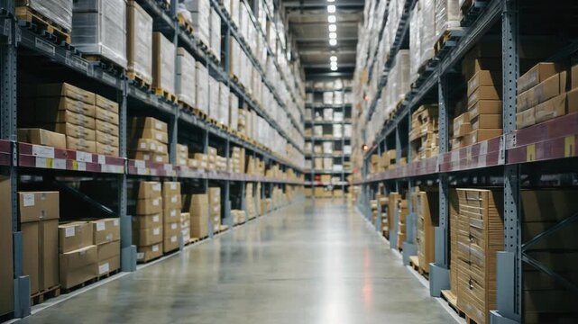 Spacious warehouse interior with organized shelves and cardboard boxes for storage solutions