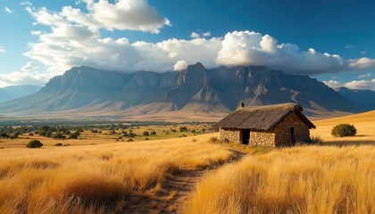 Stone hut with thatched roof sits in golden grass field, large mountains rise behind savanna landscape, blue sky, white clouds overhead. Rural africa scene.