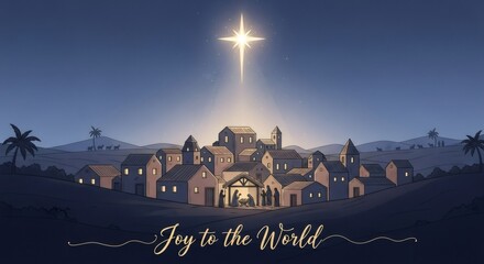 Bethlehem city with nativity scene under shining star, a Christmas concept illustration for holiday greeting card or banner