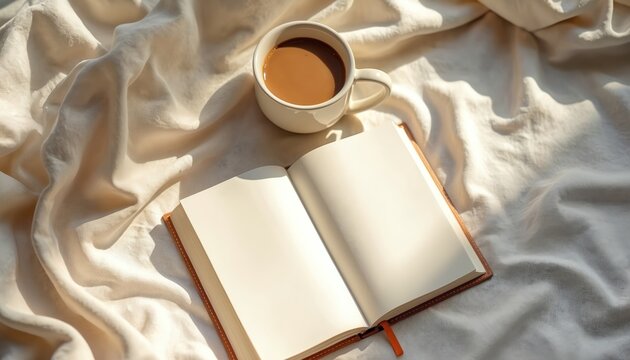 Cozy morning with coffee and open notebook on bed. Soft light, peaceful atmosphere for journaling gratitude and inspiration. Blank pages await thoughts.