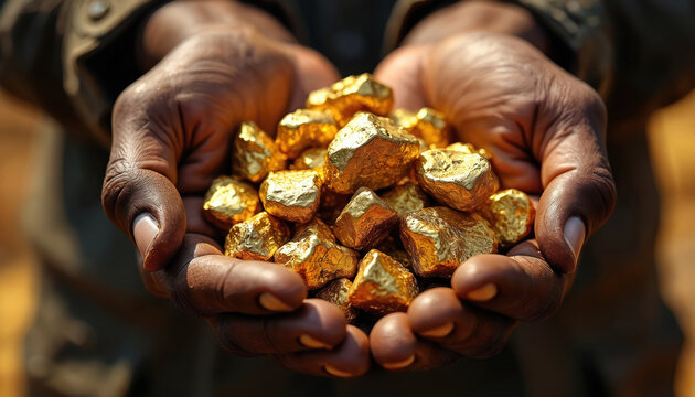 Dark skinned hands cup shiny gold nuggets. A person holds precious metal ore unearthed from earth, symbolizing wealth mining and financial gain. This raw treasure represents valuable resources.