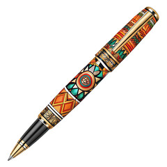 Elegant pen with intricate design and vibrant colors, perfect for writing on transparent background