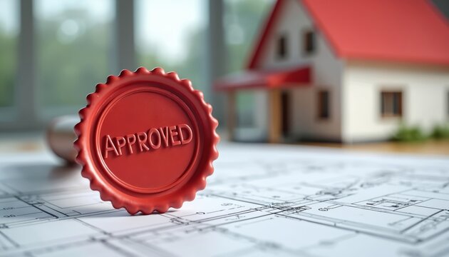 Red approved seal rests on architectural plans near house model. Official document signifies project completion, real estate deal finalization, building permit secured. Essential for construction,