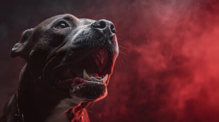 Muscular canine with open jaws poses dramatically against a background of deep crimson smoke