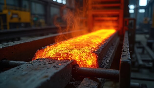 Molten steel bar glows intensely in industrial foundry during production. Hot metal moves on conveyor belt. Heavy industry manufacturing process, metallurgy, metal casting. - Powered by Adobe