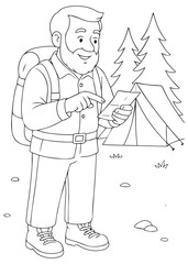 Coloring Book Dad checking the hiking map near the tent