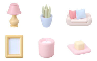 Cozy Living Room Decor with Soft Toy 3D Art Style on Transparent Background