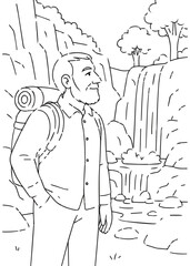 Coloring Book Dad hiking near a waterfall view