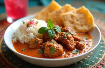Savory mutton curry with fluffy white rice, crispy papadums, and a bright red tamarind drink. Garnished with fresh mint and cilantro, this meal offers a taste of authentic Indian cuisine.
