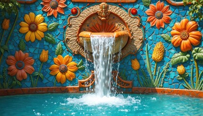 Colorful mosaic fountain with flowing water cascades onto bright blue pool tiles. Textured floral art adorns the vibrant wall, creating a refreshing garden scene.