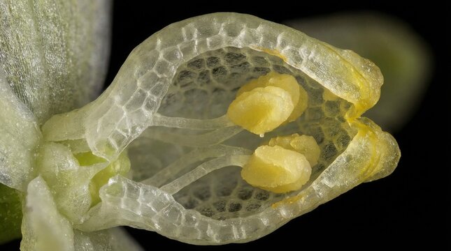Translucent Plant Cell Structure with Pollen Grains