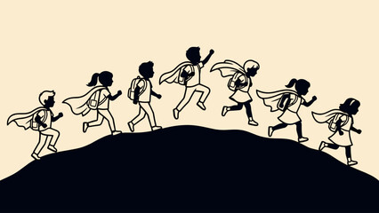 Children in Superhero Capes Running on Hill Silhouettes: Playful Childhood Adventure & Imagination © mest selda blessun