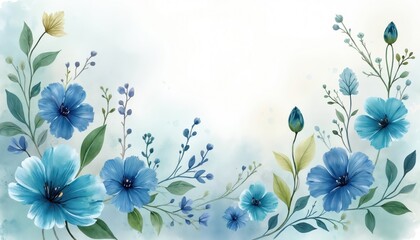 Blue, green abstract watercolor flowers, leaves drift softly across pale, textured background. Delicate floral elements, botanical shapes create serene, elegant mood ideal for invitations artistic