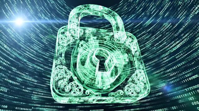 Glowing translucent green padlock with circuitry, surrounded by streaming digital light trails, data