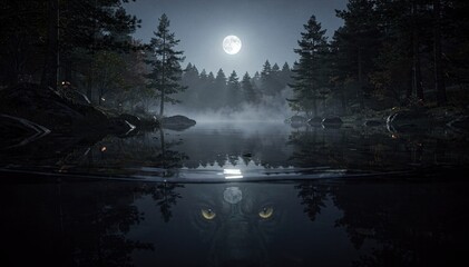 Glowing yellow animal eyes are mysteriously reflected beneath the dark, still surface of a misty lake, surrounded by a moonlit forest at night.