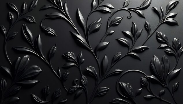 Fototapeta Embossed botanical design featuring intricate dark grey leaves and winding stems in a highcontrast relief casting soft shadows
