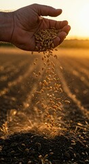 A weathered farmer's hand releases golden wheat grains into dark, tilled soil during a vibrant golden hour sunset, symbolizing new growth and harvest.