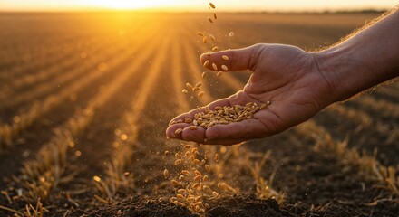A weathered hand releases golden grains into fertile soil, illuminated by the warm glow of a sunset over a vast agricultural field.