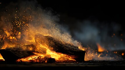 Intense glowing embers and sparks erupt from burning logs against a dark background