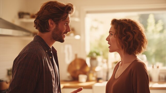 Relationship conflict between man and woman related to family stress, communication problems, and domestic disagreement. Marriage counseling, psychology services, emotional tension and social issues
